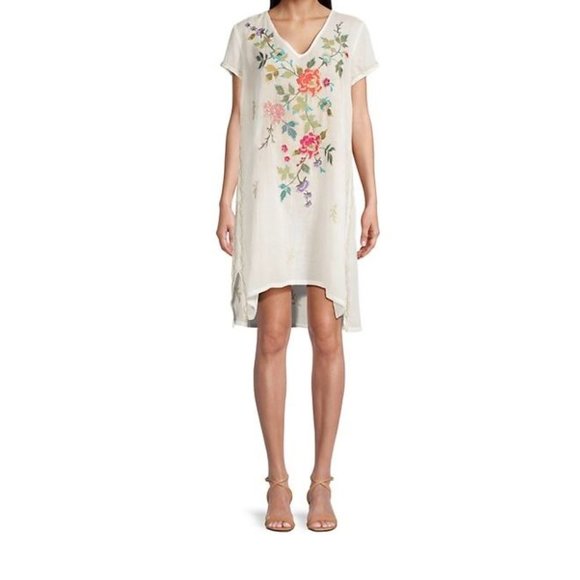Johnny Was Adele Drape Tunic Dress Floral Embroidery Flowers White Ramie New - Picture 3 of 7